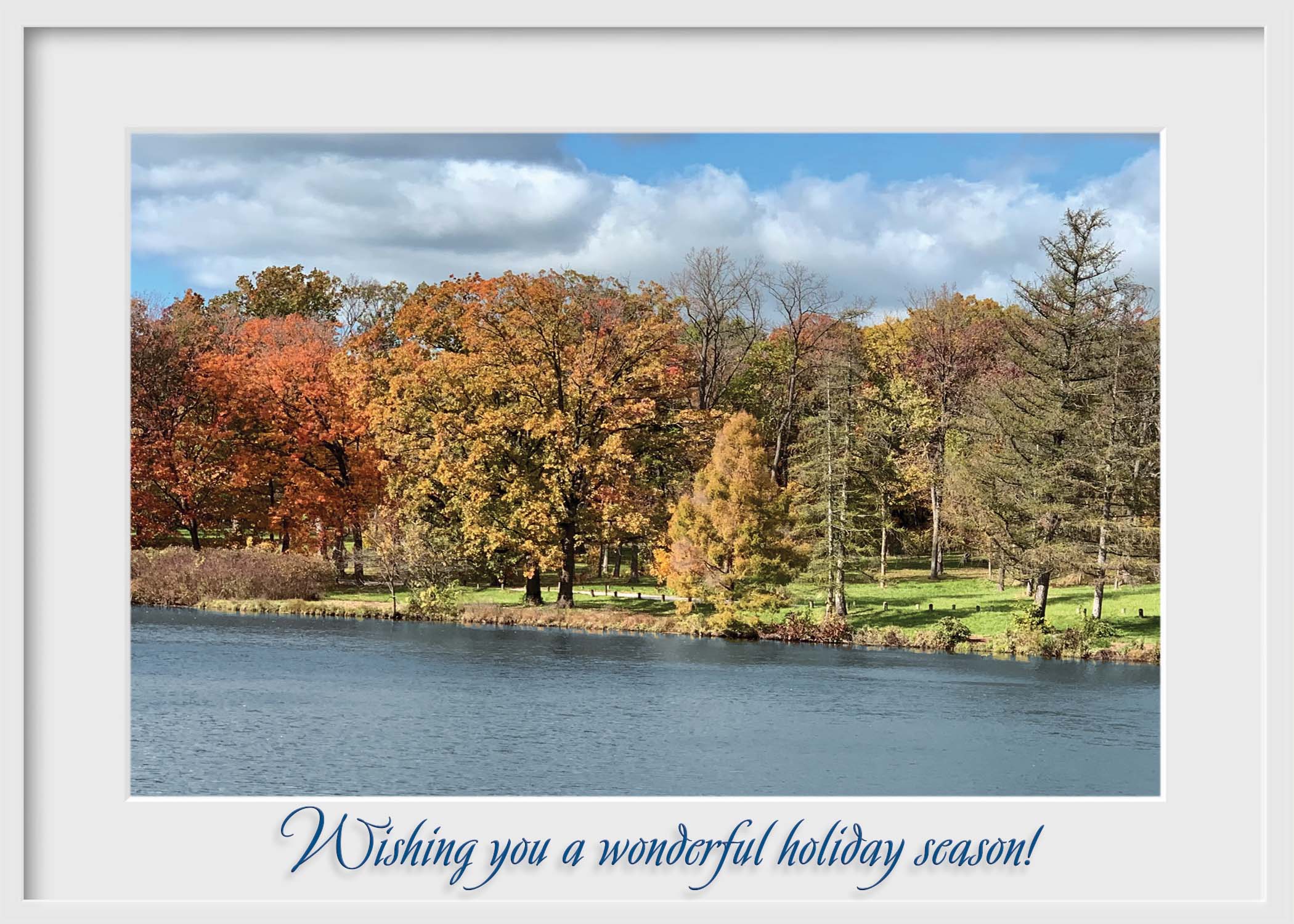 Holiday card with photo of trees by lake